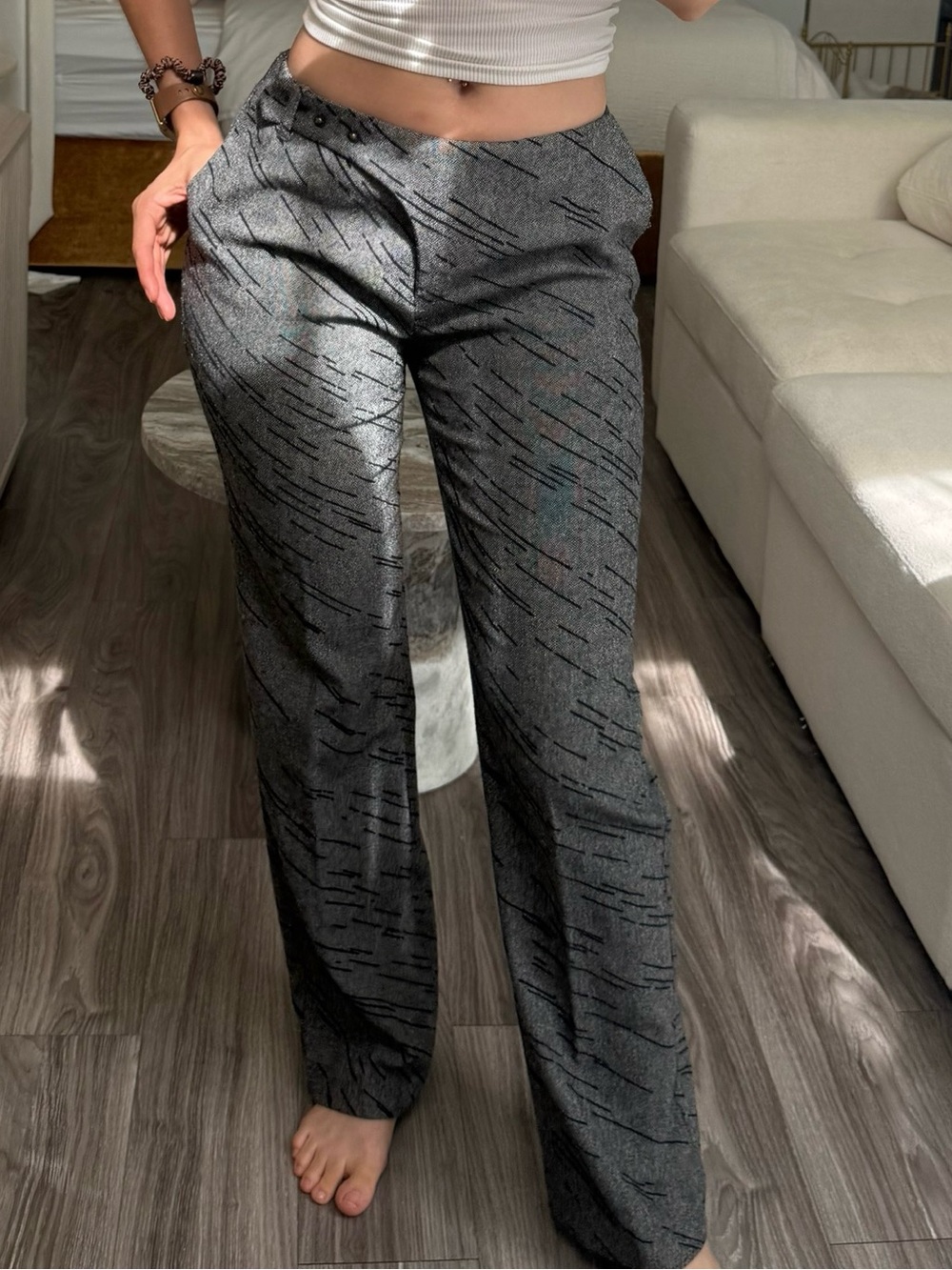 Paola Frani PF Gray Black Abstract Print Flare Trousers Pants IT 42